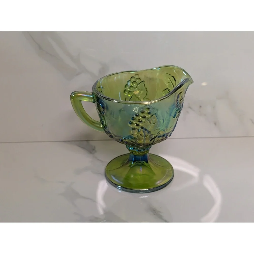 Vintage Green Indiana Glass Carnival Glass Harvest Grape Iridescent Creamer